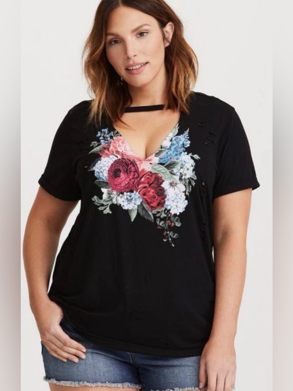 Torrid Black Distressed Spring Choker Tee